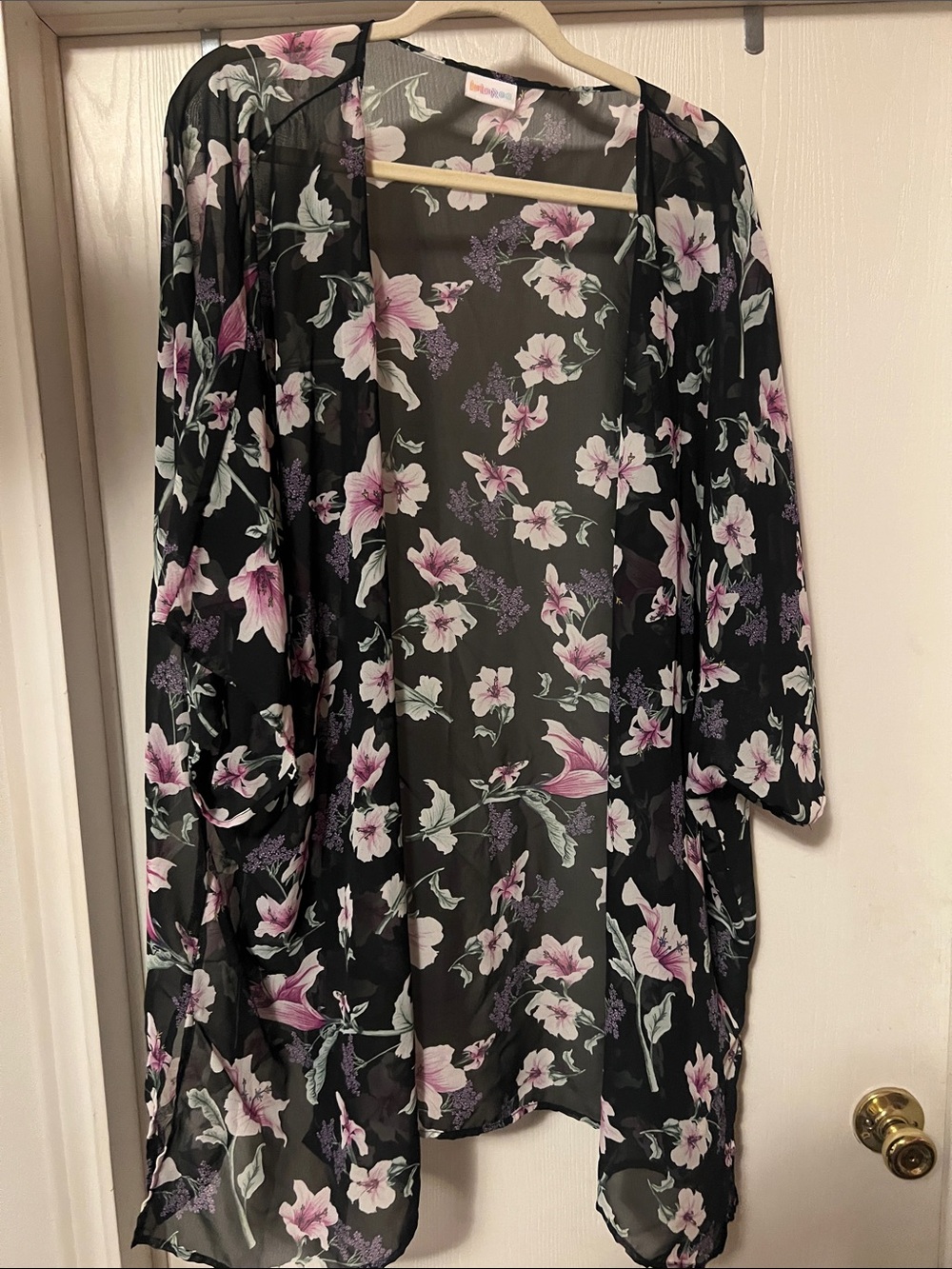 LuLaRoe Black Sheer Floral Kimono with Pink and Purple Flowers